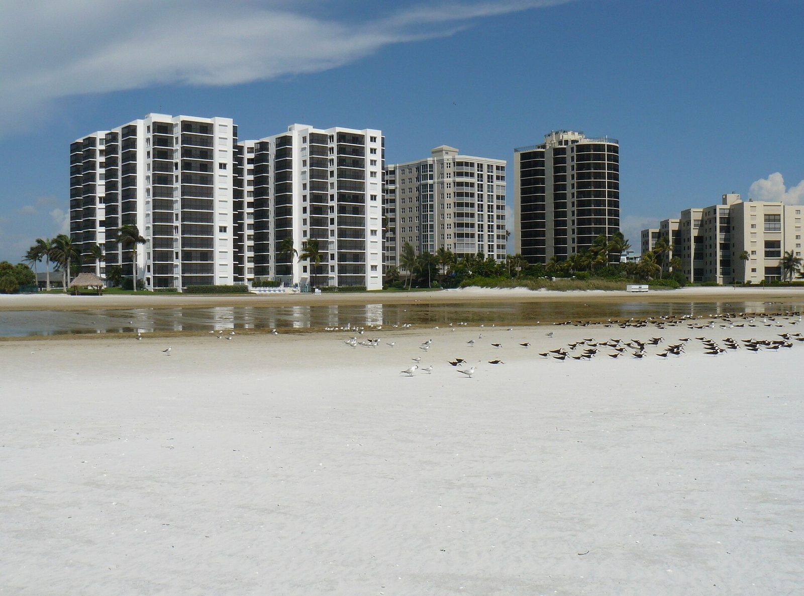 High-rise condos behind a wide white-sand beach on Fort Myers Beach